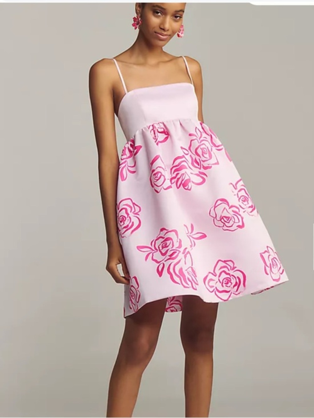 Maeve Babydoll Mini Dress Pink Combo Floral Roses Fit & Flare size Medium Read